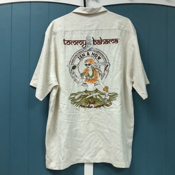 TOMMY‎ BAHAMA MENS 'ZEN & NOW' HAWAIIAN OFF WHITE SILK ALOHA CAMP SHIRT S - Picture 1 of 6